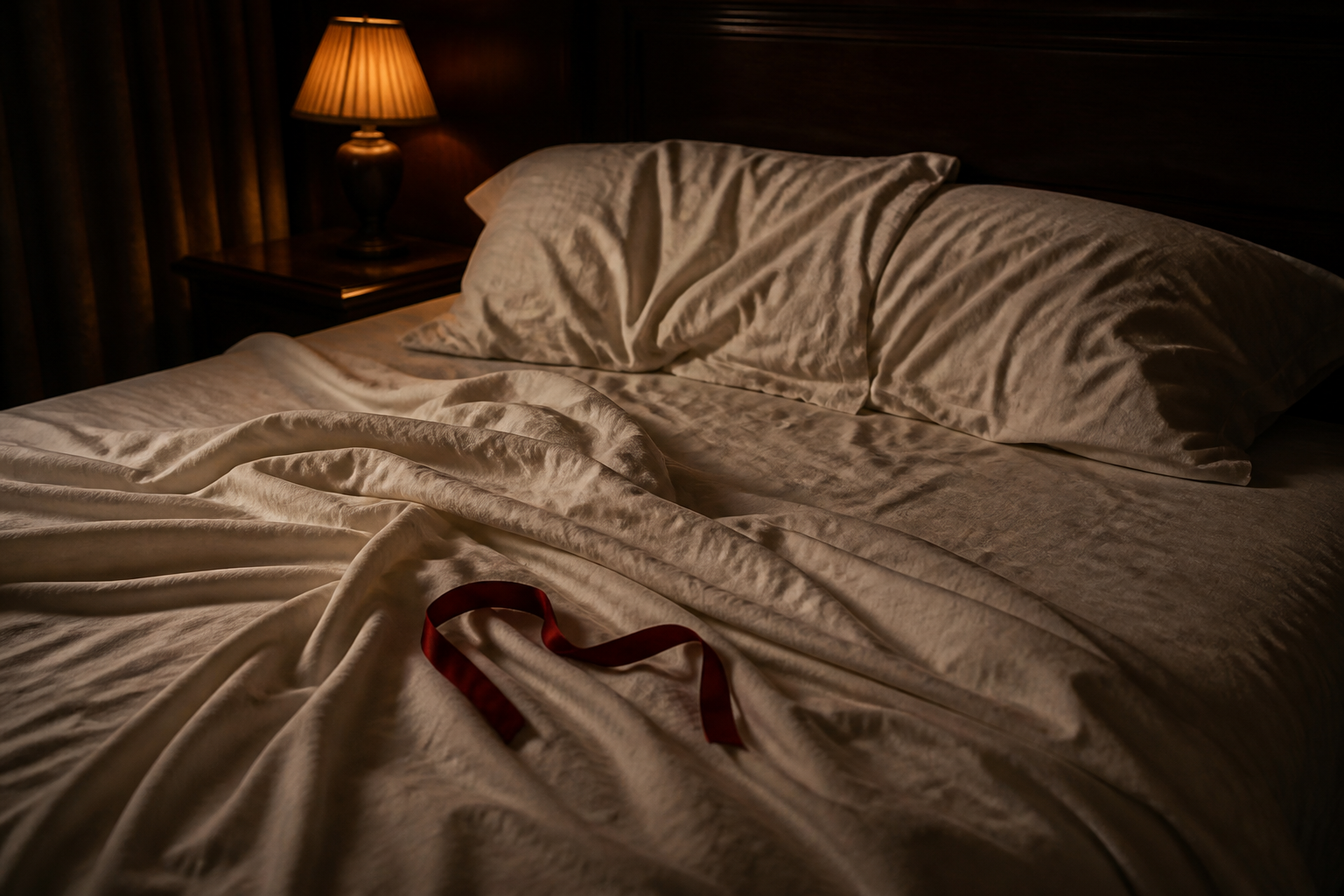 An unmade bed at night, cream sheets twisted, one red silk ribbon in the fold.